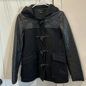 Black wool leather trim hooded peacoat with horn buttons Theory P Petite XS